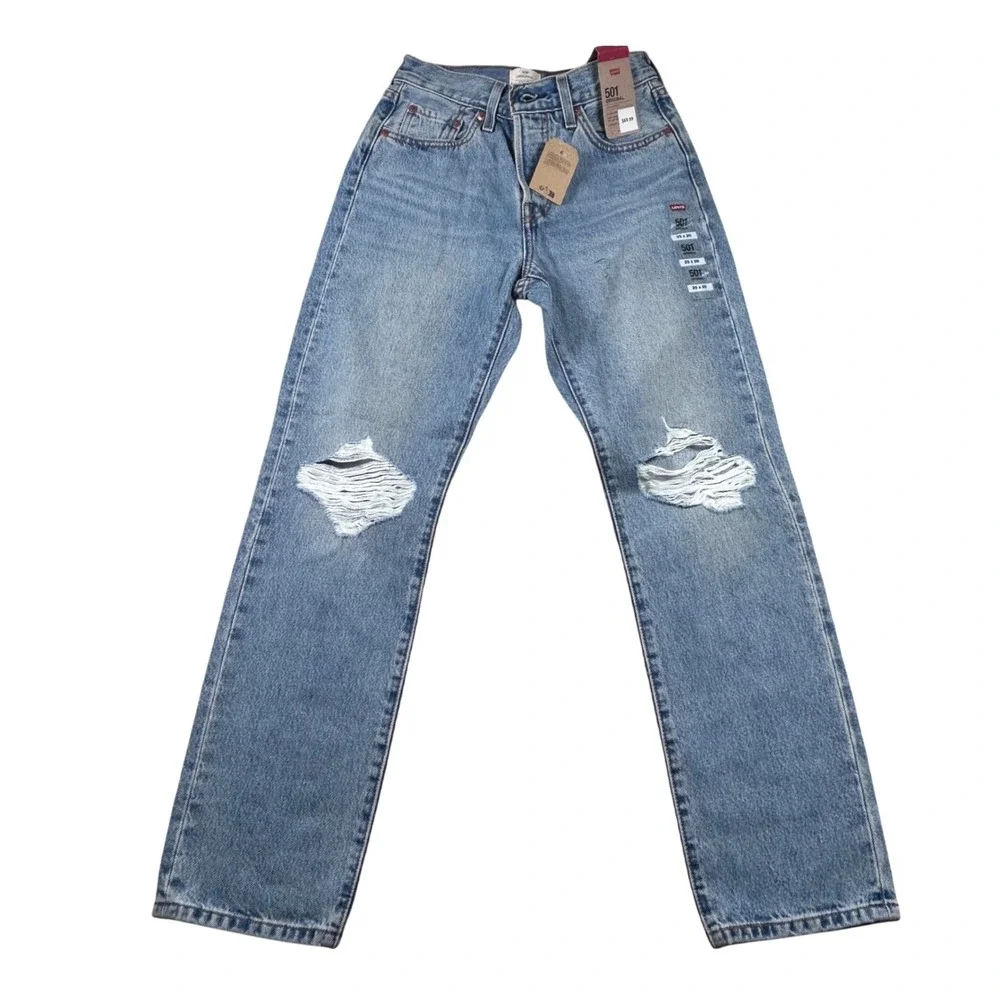 Levis 501 Original High Rise Distressed Straight Leg‎ Jeans Light Wash 25x30